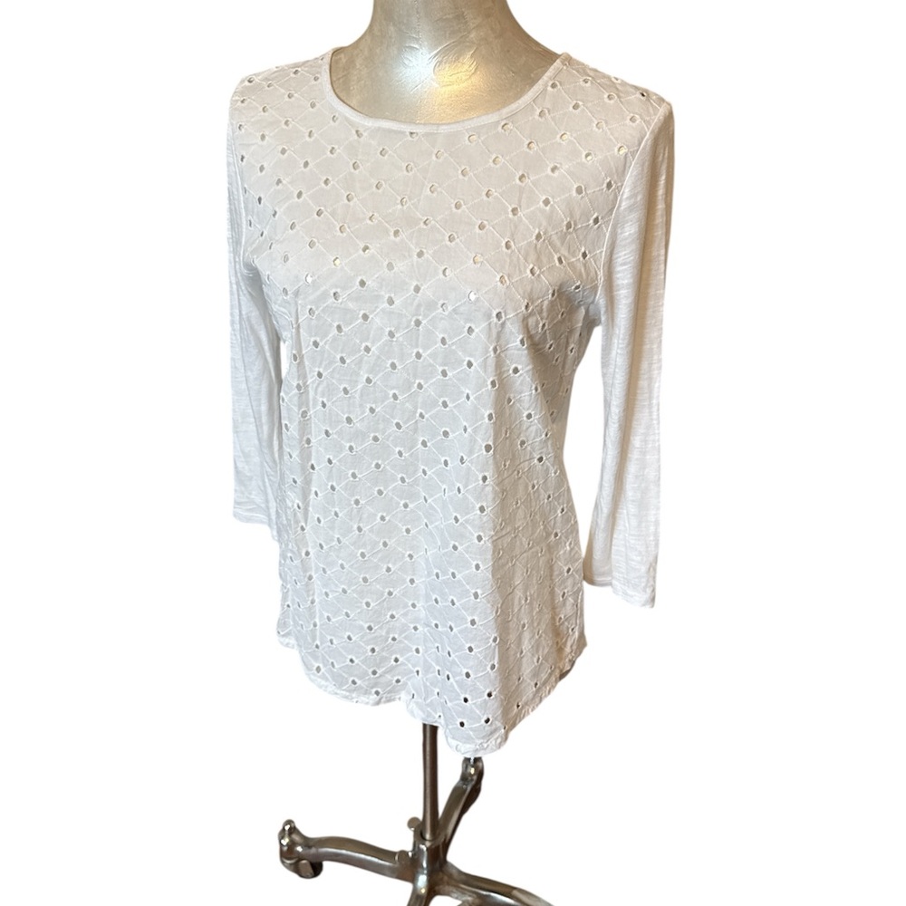 Lucky Brand Women’s White Eyelet Front 3/4 Sleeve Top Lightweight Cotton Small